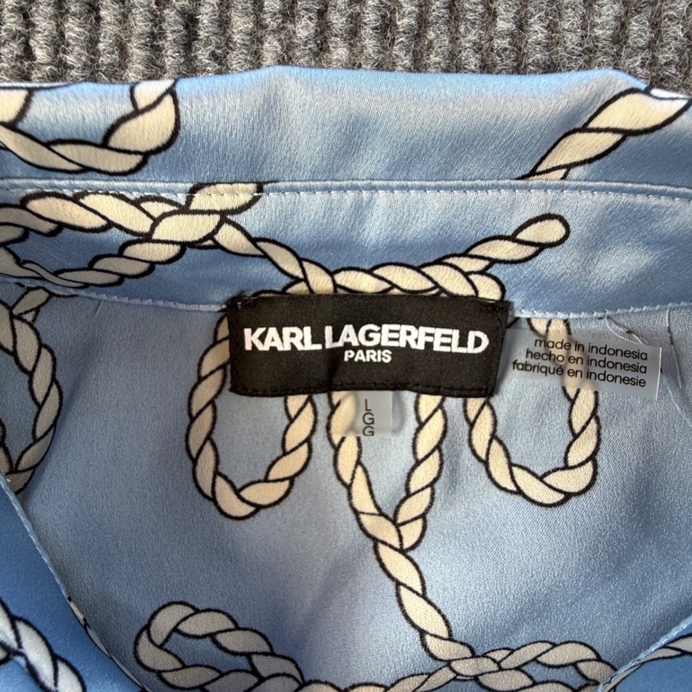 Karl Lagerfeld Paris Womens Blue Nautical Rope Print Button Down Blouse Large - Picture 2 of 8
